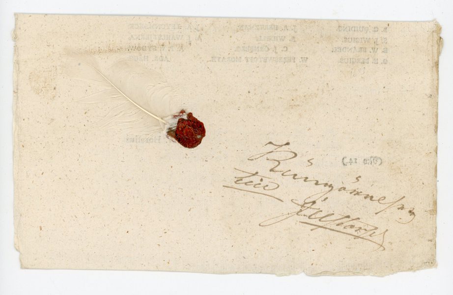 FJÄDERBREV med vit fjäder i rött sigill, till Jultorp 1825.