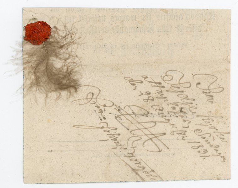 FJÄDERBREV med brun fjäder i rött sigill samt Slinga, till Tydje 1831.