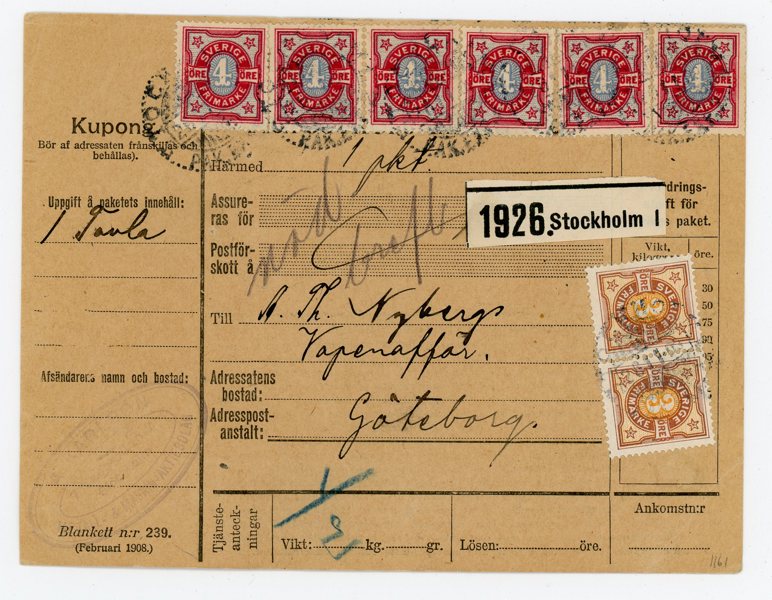 F64 (6ex) samt två F63 på paket-adresskort, Stockholm 28.11.03, sällsynt.