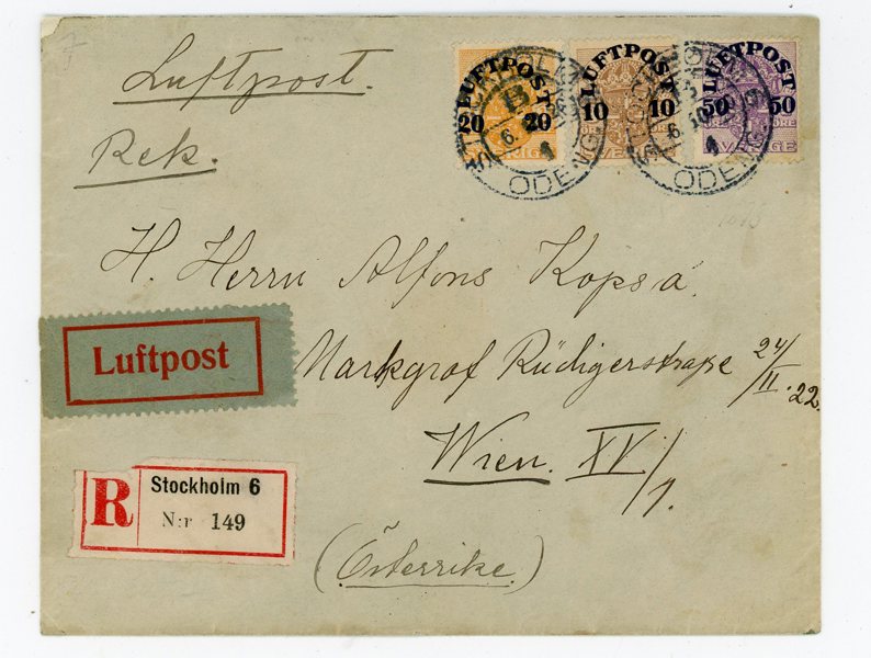 F136-138 på Rekommenderat Luftpost-brev till Österrike, Stockholm 6.10.20