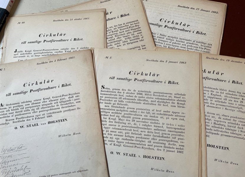 27st olika "Cirkulär till samtlige Post-förvaltare i Riket" 1861.