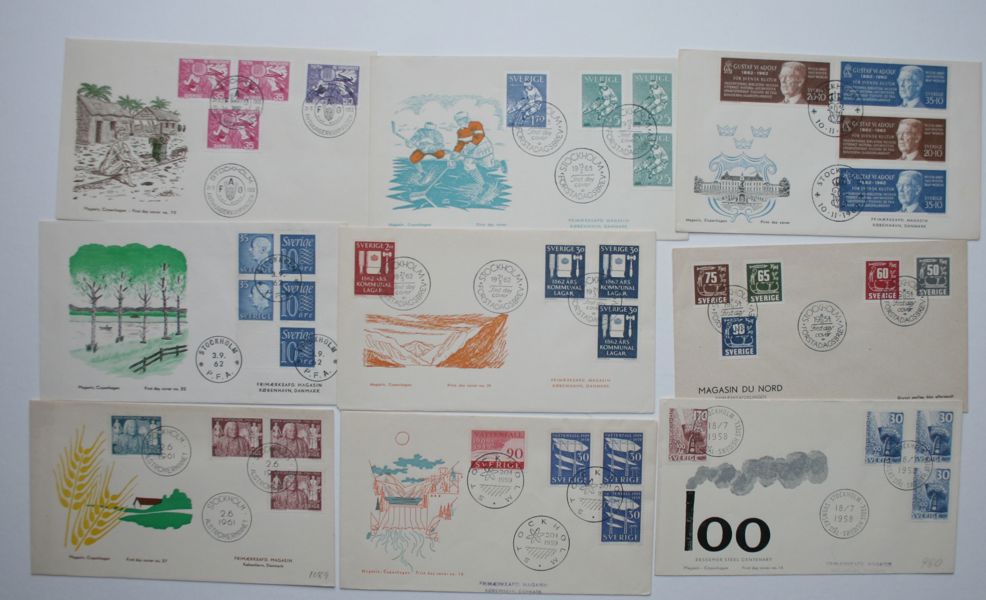 FDC: 48 OLIKA med vinjetter från Magasin i Köpenhamn 1950-60tal