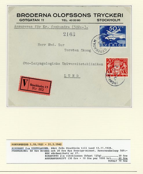 ASS-BREV: 21st utställningsmonterade Band-1939. Ex Lars Ahrberg