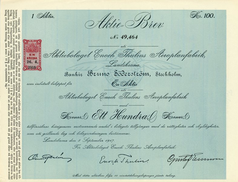 AKTIEBREV: Enoch Thulins Aeroplanfabrik, 1 aktie a 100kr. Två exemplar.