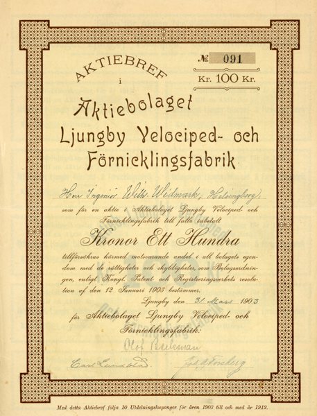 AKTIEBREV Ljungby Velociped- och Förnincklingsfabrik, 100kr Ljungby 1903.