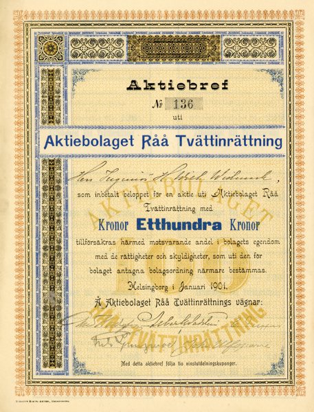 AKTIEBREV AB RÅÅ Tvättinrättning, 100kr Helsingborg 1901.