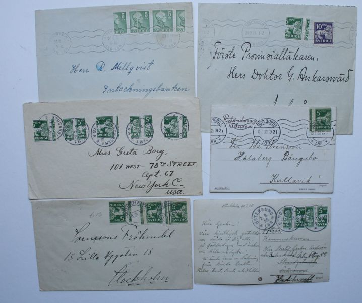 Bandmärken: fem brev med automat-skurna märken.