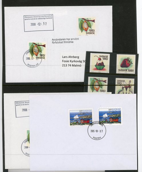 Post-förfalskningar: tre brev och fyra märken