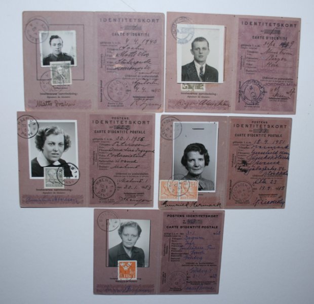 Postens ID-kort: 5st med olika frankeringar 1937-1963.