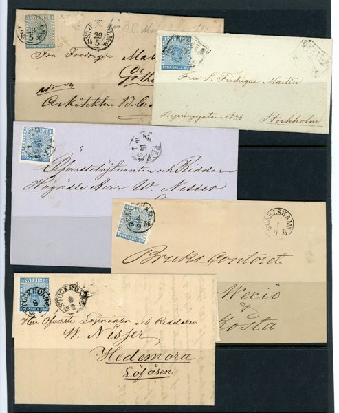 Fem fina 4-skillingbrev, flera olika nyanser.