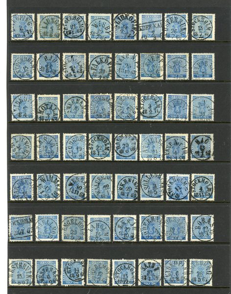 12 öre Vapen: 56ex med vackra stämplar.