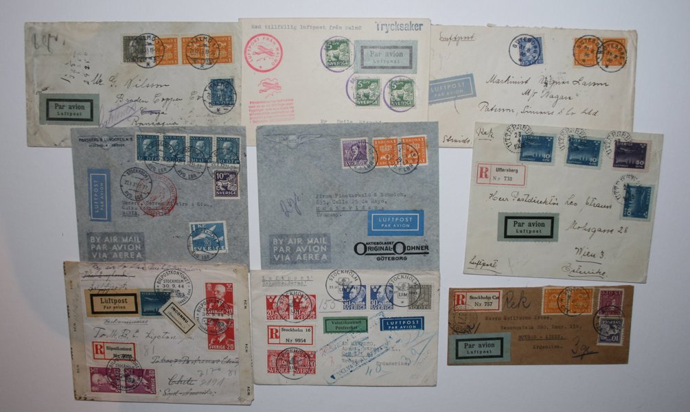9st bättre Luftpostbrev, bla 225ö till Singapore 1935.