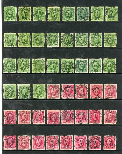 48ex 5ö och 10öre Oscar II med prakt- och lyxstämplar.