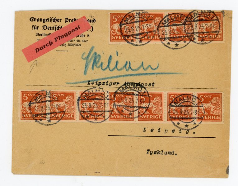 F142 i 10ex på Luftpost-brev till Tyskland 1925, Malmö 25.6.25