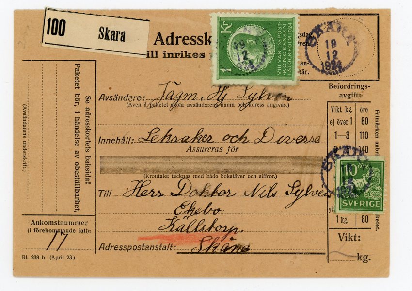 F208, 144A Paket-adresskort, Skara 19.12.24