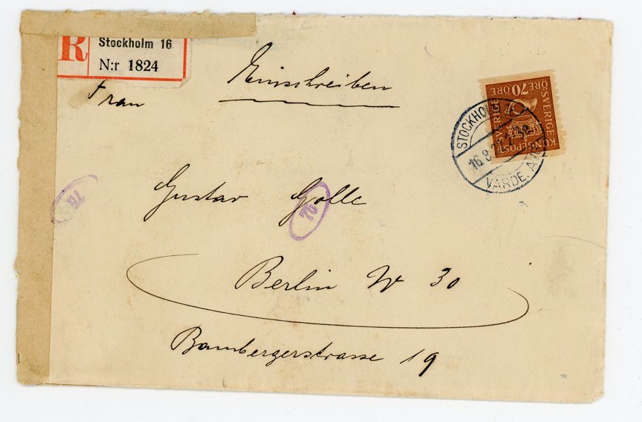 F164 Rekbrev till Tyskland, Stockholm 16.8.22, ankstpl.