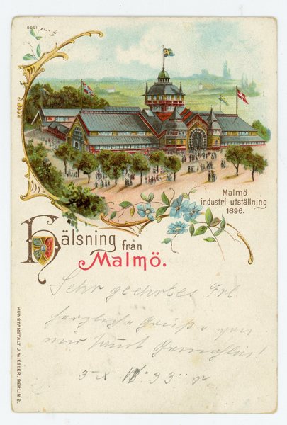 VYKORT: Malmö Industri-utställning 1896, gruss-aus kort.