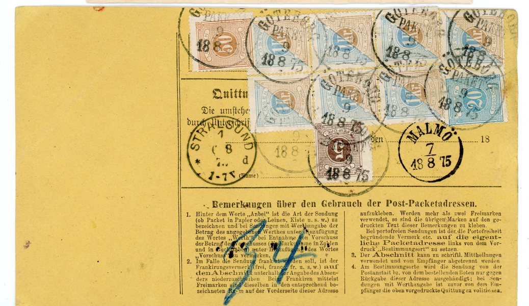 LÖSEN 10(8ex), 9,6 och 3 på adresskort från Tyskland, Göteborg 9.8.75.