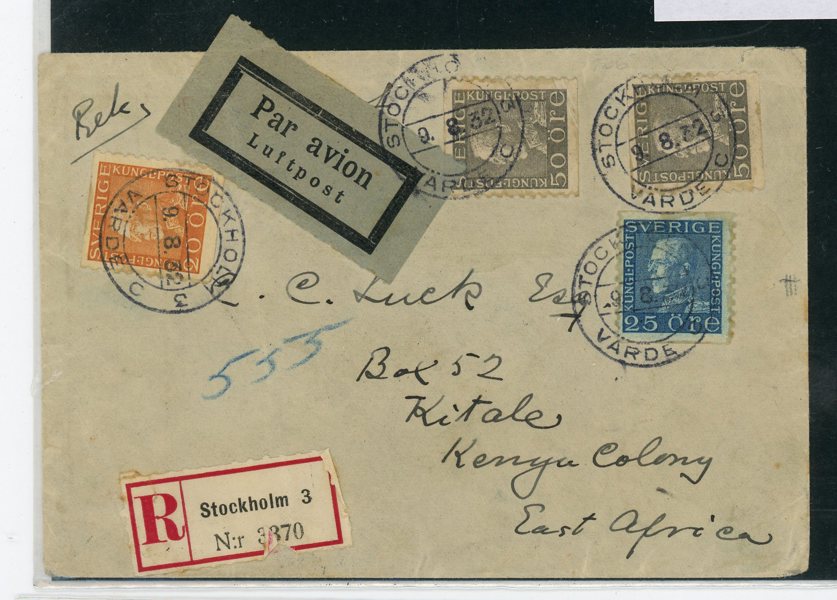 F192(2ex), 181 och 183 på Rek-Luftpostbrev till Kenya.