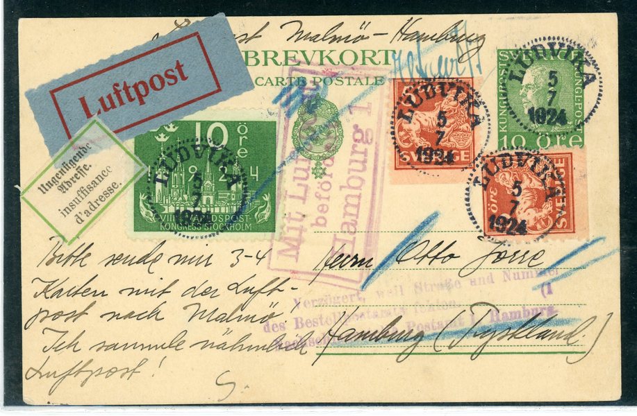 F142 (2ex), 197 på 10ö Bke Luftpost till Tyskland, Ludvika 5.7.24