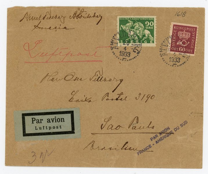 F237 och 163 på Luftpostbrev till Brasilien, Åtvidaberg 20.4.33.