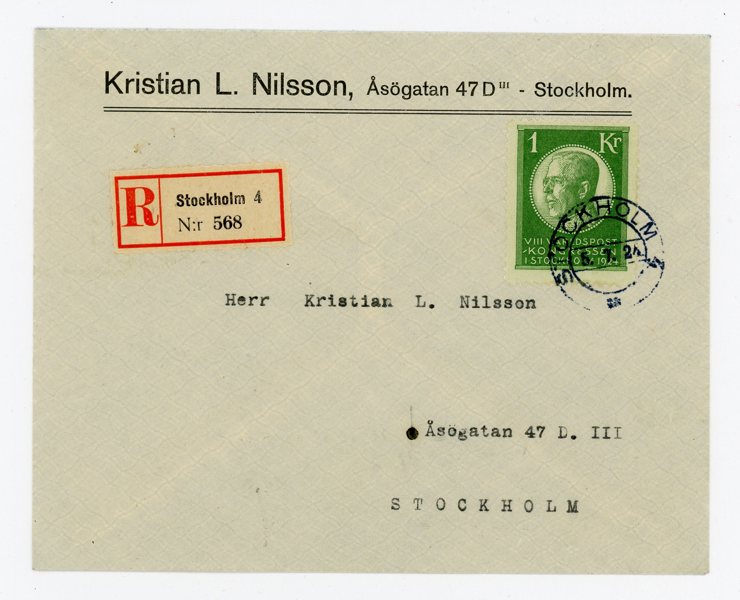 F208 Single på Rek-brev, Stockholm 5.7.24, prakt-objekt