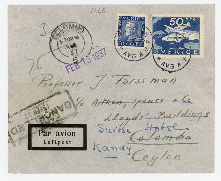 F258 och 285 Luftpost-brev till Ceylon, Stockholm 5.2.37.