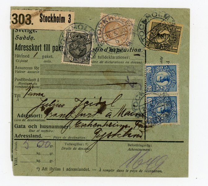 F96, 85(2ex),71 och 73 Paket-adresskort till Tyskland. Stockholm 21.5.20.