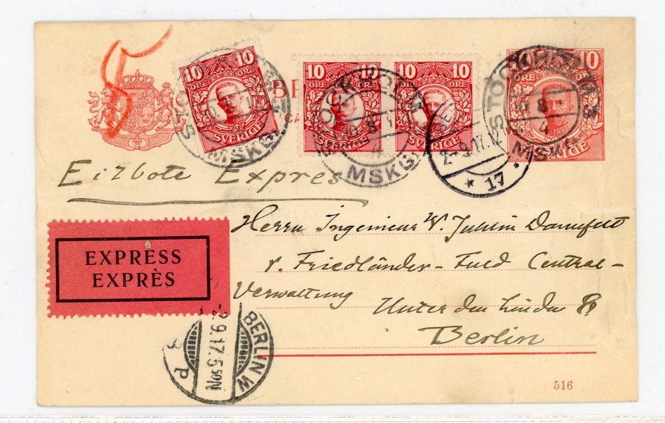 F82(3ex) på 10ö brevkort sänt Express till Tyskland. Stockholm 10.8.17
