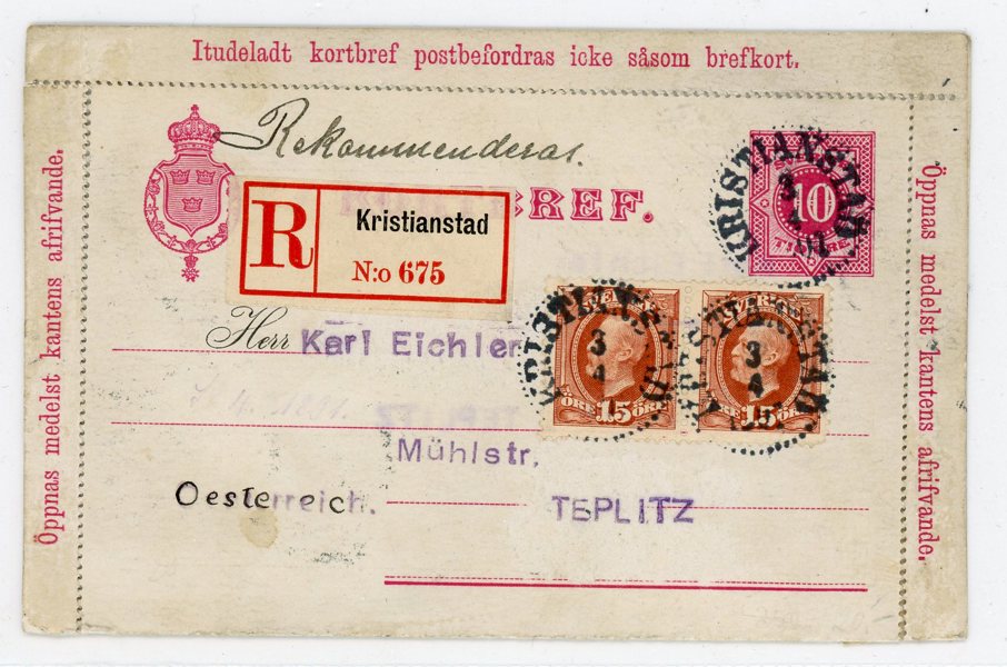 F55 (2ex) på 10ö Kb sänt REK till Österrike, Kristianstad 3.4.01, ankstpl.