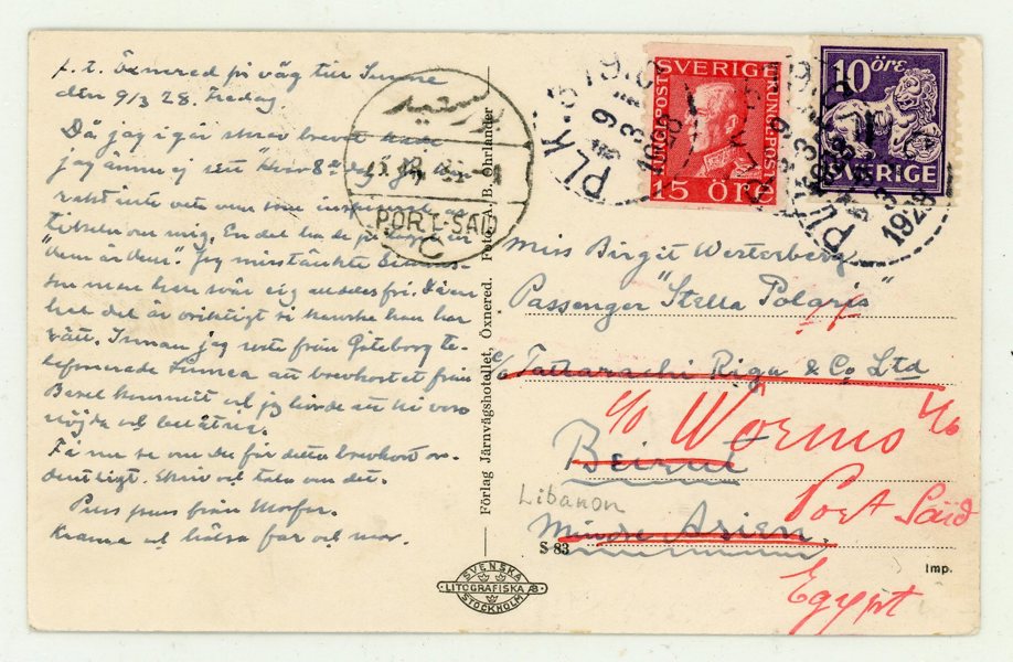 F177, 145 på vykort till Beirut, eftersänt till Egypten, PLK 379C9.3.28