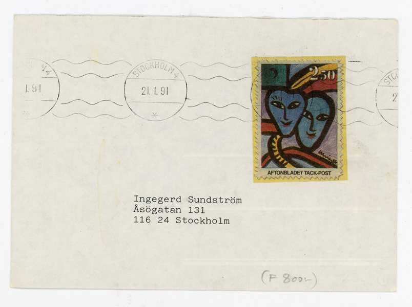Aftonbladet Tack-post, på brev, Stockholm 21.1.91