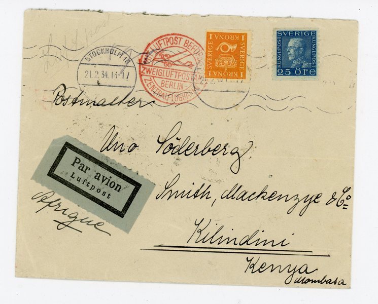 F168 och 183 på Luftpostbrev till Kenya, Stockholm 21.2.34.