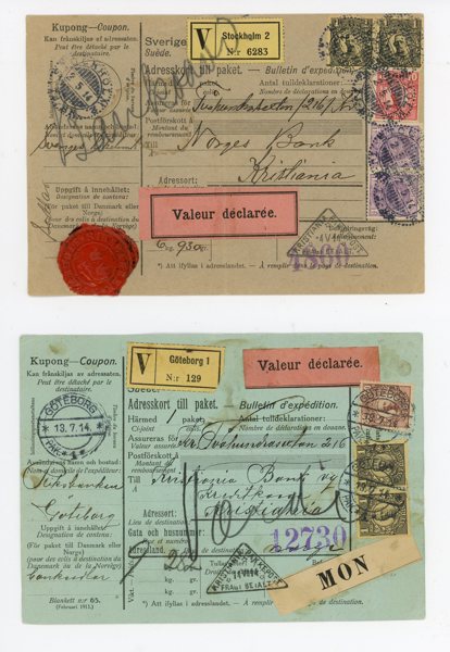 F77 mfl; två vackra paket-adresskort till Norge 1914.