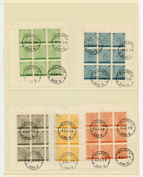 F471-475 stämplade och xx 9-block serier, Malmö 5.7.55.