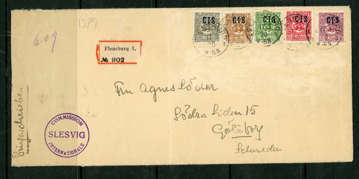 SLESVIG Tjänste 1-5 på Rekbrev till Sverige, Flensburg 19.10.20.