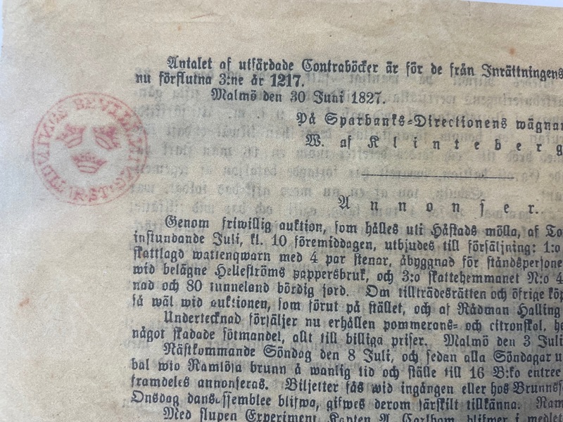 Malmö; sex objekt bla tidnings-stämpel 1827.