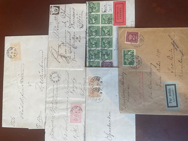 Fem bättre försändelser, bla 90 öre Lützen på luftpostbrev.