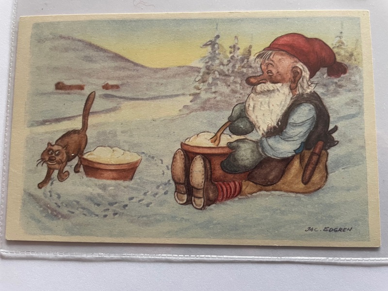 Jac Edgren; Tomte med gröt och katt, ofrank. (1813).