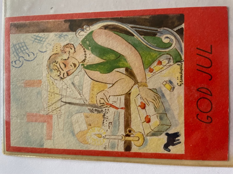 Isac Grünewald;  Julkort Dam med julklapp, ofrankerat.