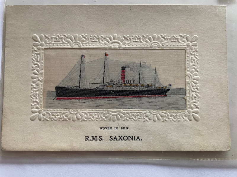Båt; RMS Saxonia, vävd i silke, ofrank.