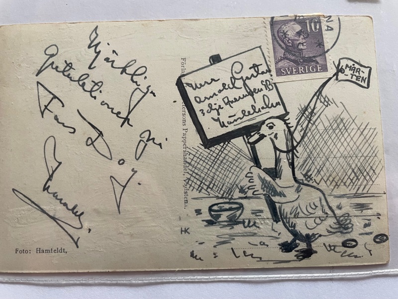 Handmålat Mårten-gås på adress-sidan 1945