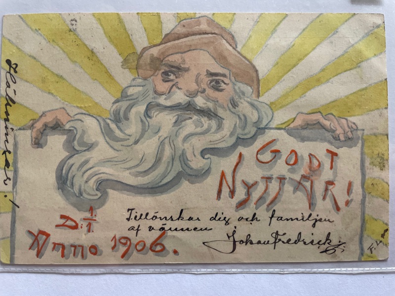 Hand-målat (på helsak): tomte 1906, frank.