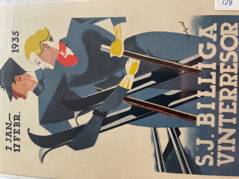 Reklamkort; SJ Billiga Vinter-resor, ofrank. 1930-talet.