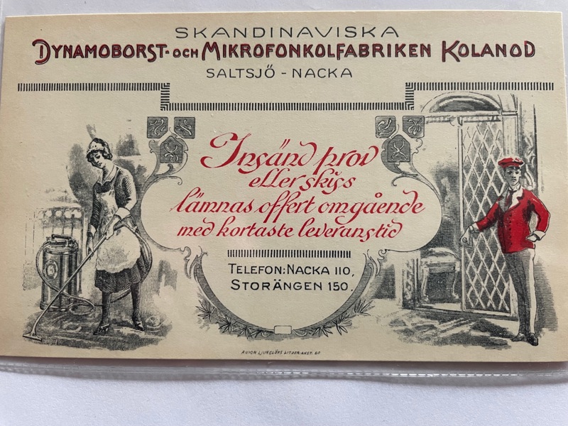 Reklam-kort Dynamoborst och Mikrofonkolfabriken Kolanod, ofrank
