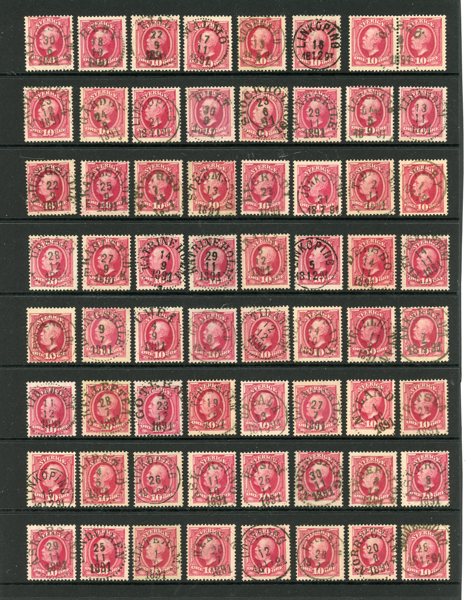 F54; 64ex stämplade utgivningsåret 1891, många pr-lyx stämplar.