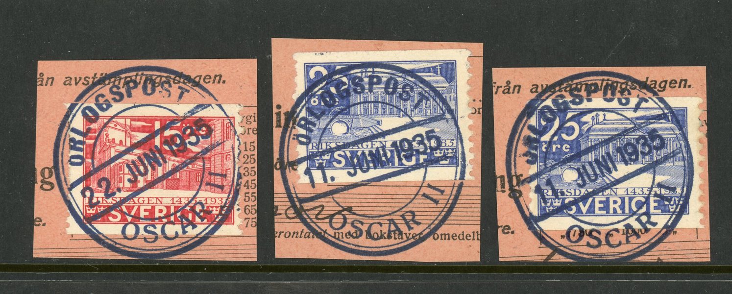 ÖRLOGSPOST OSCAR II 11+22 JUNI 1935, tre postanv.klipp.