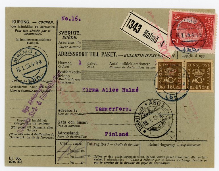 F209, 161(2ex) Paket-adresskort till Finland,