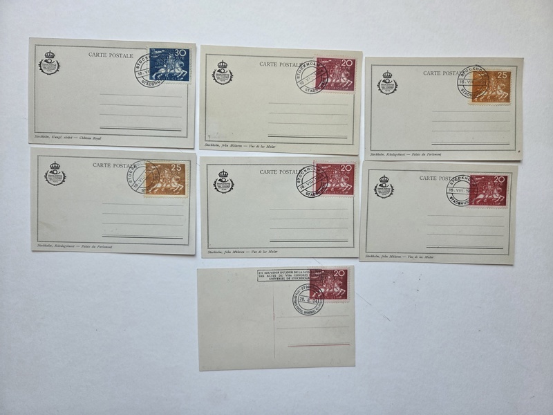 UPU 1924: sex FDC-brevkort, Stockholm 16.8.24.