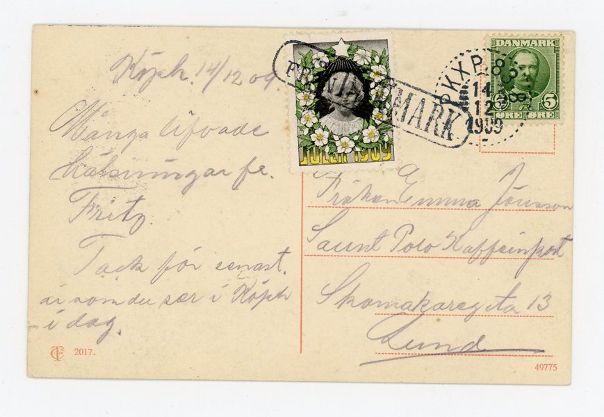 Vykort från Danmark, Pkxp 83B 1909 + FRÅN DANMARK.